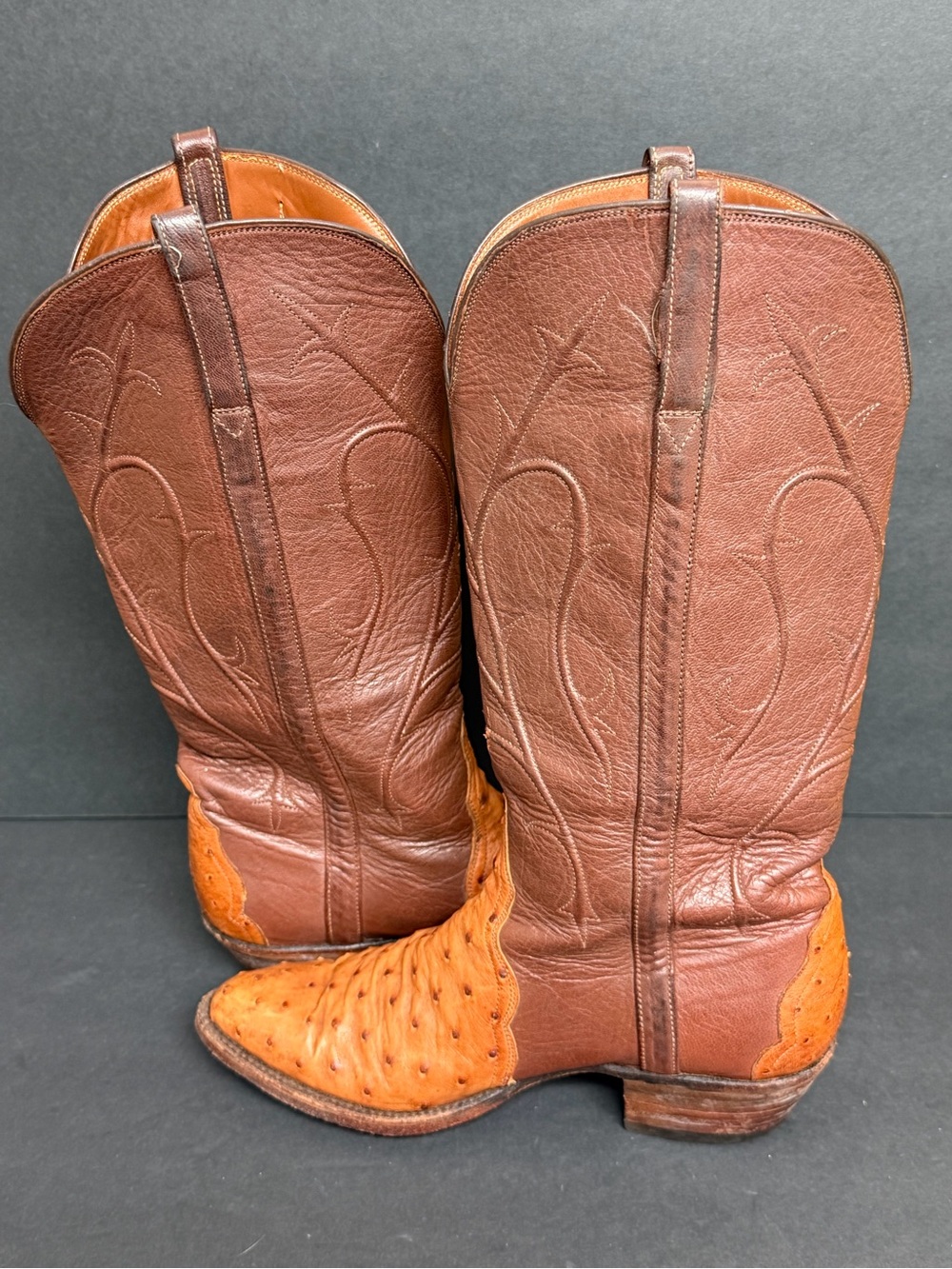 Lucchese Two-Tone Brown and Tan Ostrich-Accent Heeled Boots - Picture 7 of 11